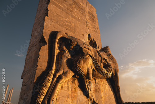 Relief of a huge bull in Persepolis, the ancient Persian capital dating from about 500 B.C., located in northeast of Shiraz, Iran