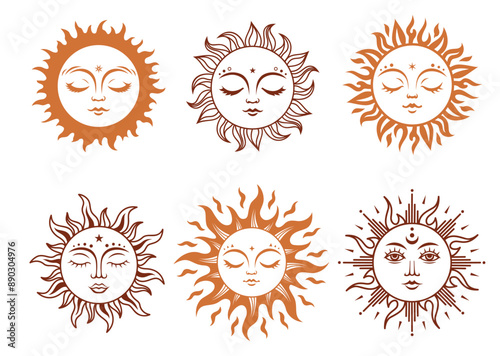 Boho sun sign, vector silhouette design. Sun with face set of celestial elements. Vector monochrome illustration. linear sacred symbols of magic, mysticism and alchemy.