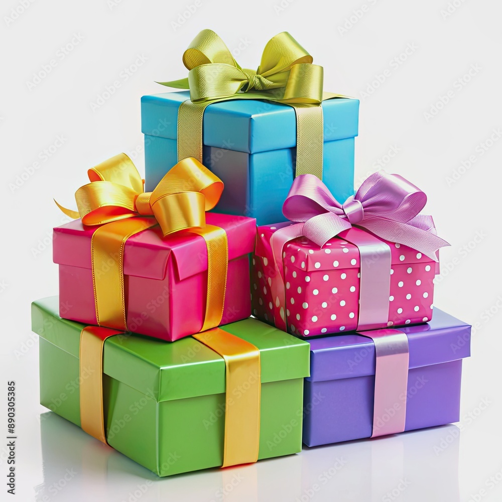 Obraz premium Vibrant stack of colorful wrapped gift boxes with elegant bows, inviting composition with ample copyspace, perfect for festive holiday greetings and celebrations.