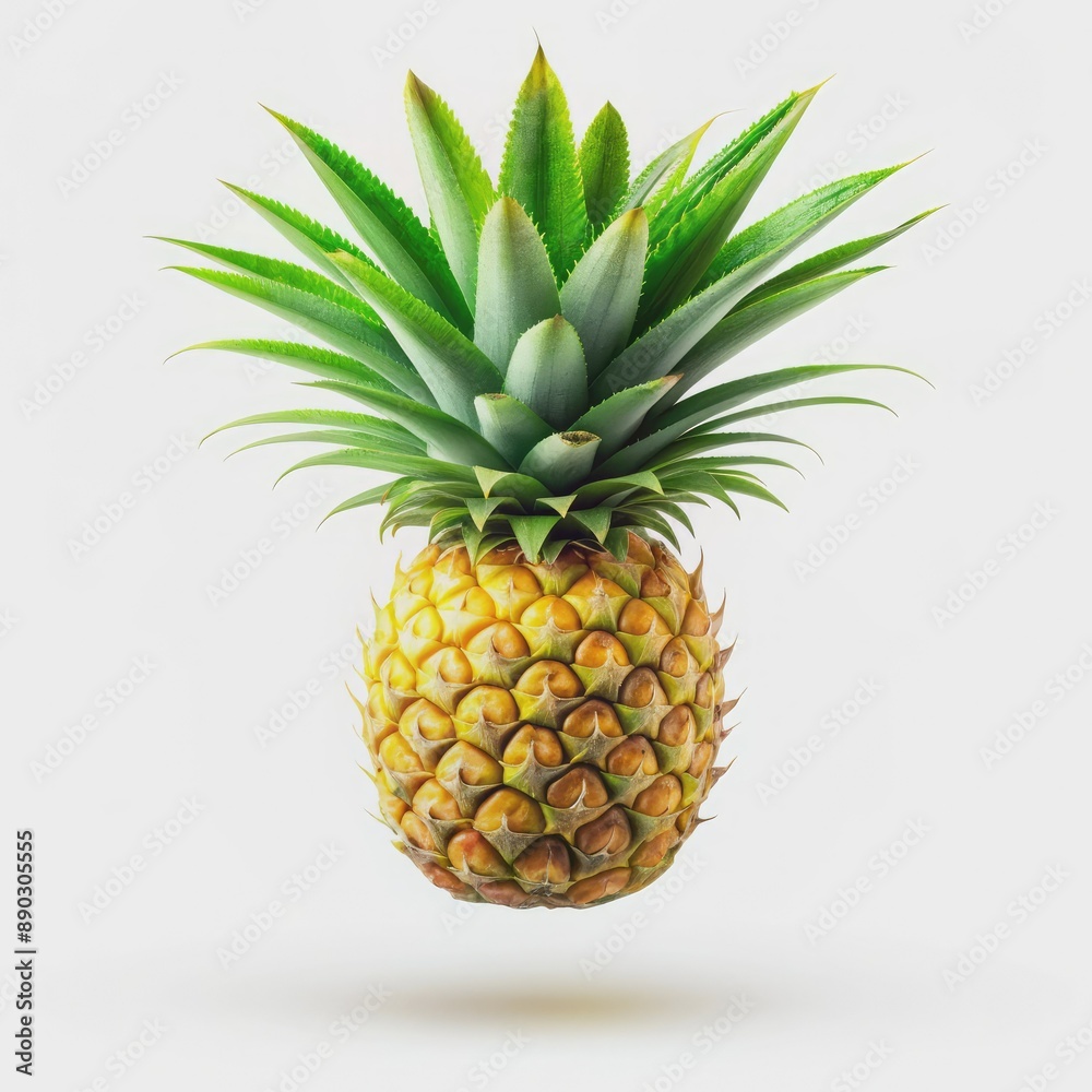 Fototapeta premium Vibrant yellow pineapple with lush green leaves and sweet aroma, perfectly ripe and juicy, suspended in mid-air against a crisp white background.