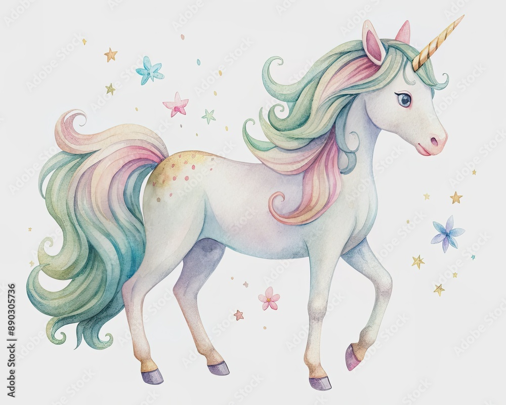Whimsical hand-painted watercolor illustration of a sweet unicorn with pastel hues and delicate features on a clean white background, exuding innocence and magic. Whimsical hand-painted watercolor illustration of a sweet unicorn with pastel hues and delicate features on a clean white background, exuding innocence and magic.