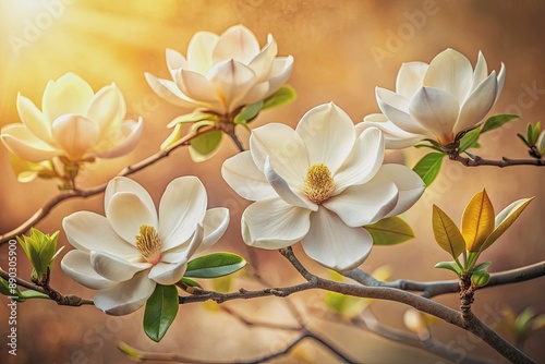 Delicate white magnolia flowers bloom against a soft, creamy backdrop, evoking the rich, nostalgic charm of Louisiana's historic old Southland heritage in warm, golden light.