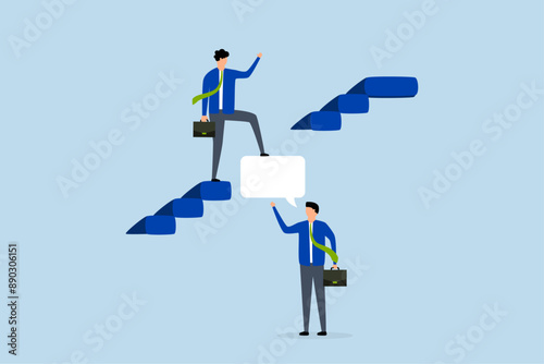 intelligence information to solve business problem, business expert using speech bubbles to climb the ladder to success.