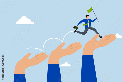mentorship to assist employee to success, businessman jumps up growth ladder of giant hand to move towards goal.