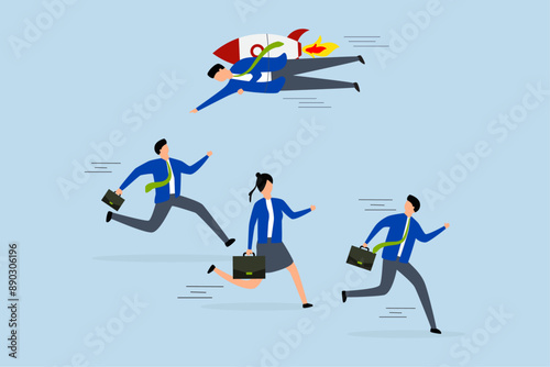 Game changer, businessman who flies in rocket backpack in different directions than other competitors.