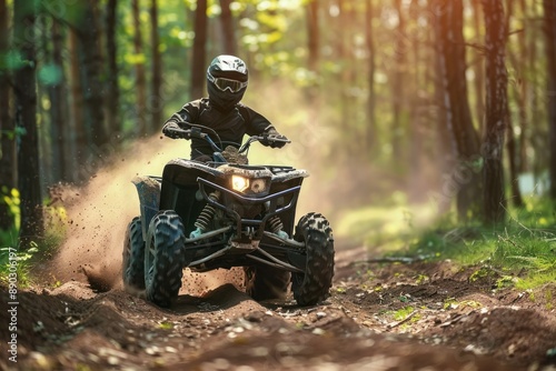 off road vehicle quad racing fast in a green forest. ai generative