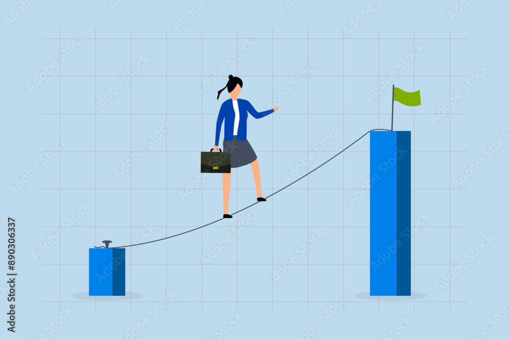 Career challenge, businesswoman walking on the rope up to higher goal.