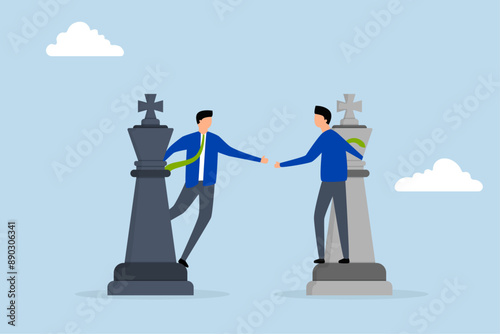 Negotiation strategy, business competitors stand in check after final pressure.