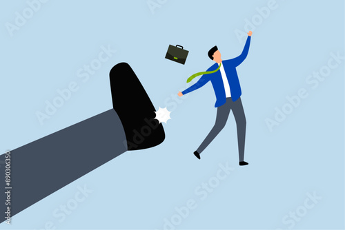 Being fired from work, An angry giant boss kick fired fired employee.