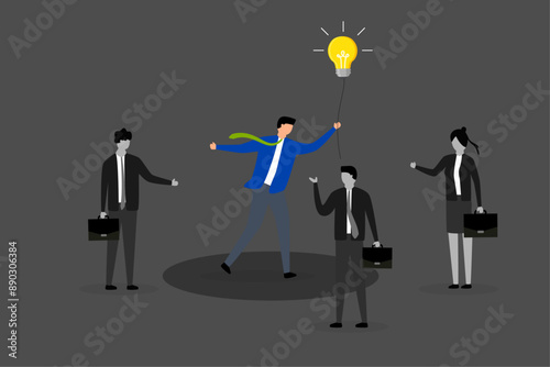 Brighten up business, business manager with light bulb idea to help colleagues in the dark.