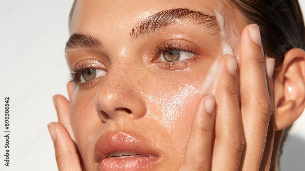 Close-up of model using advanced skincare product Close-up of model using advanced skincare product