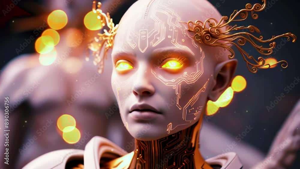 Ethereal Character with Metallic Skin and Intricate Golden Headgear, Glowing Eyes in a Warm Bokeh Background Ethereal Character with Metallic Skin and Intricate Golden Headgear, Glowing Eyes in a Warm Bokeh Background