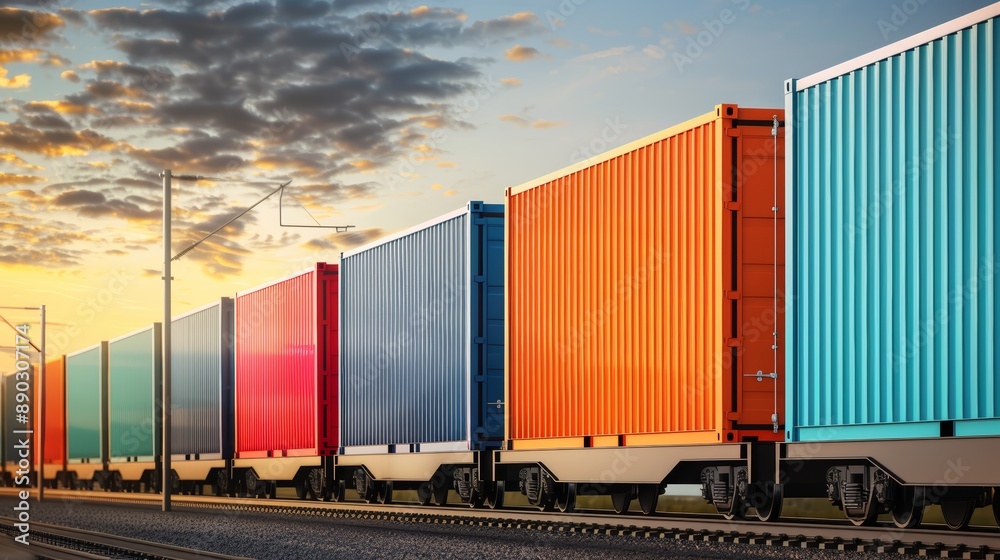 Fototapeta premium Efficient Distribution and Logistics, Freight Train Transporting Colorful Cargo Containers, high-resolution photo, realistic photo, cinematography, hyper realistic
