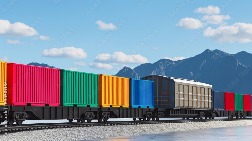 Efficient logistics scene with a dynamic freight train transporting brightly colored cargo containers Efficient logistics scene with a dynamic freight train transporting brightly colored cargo containers