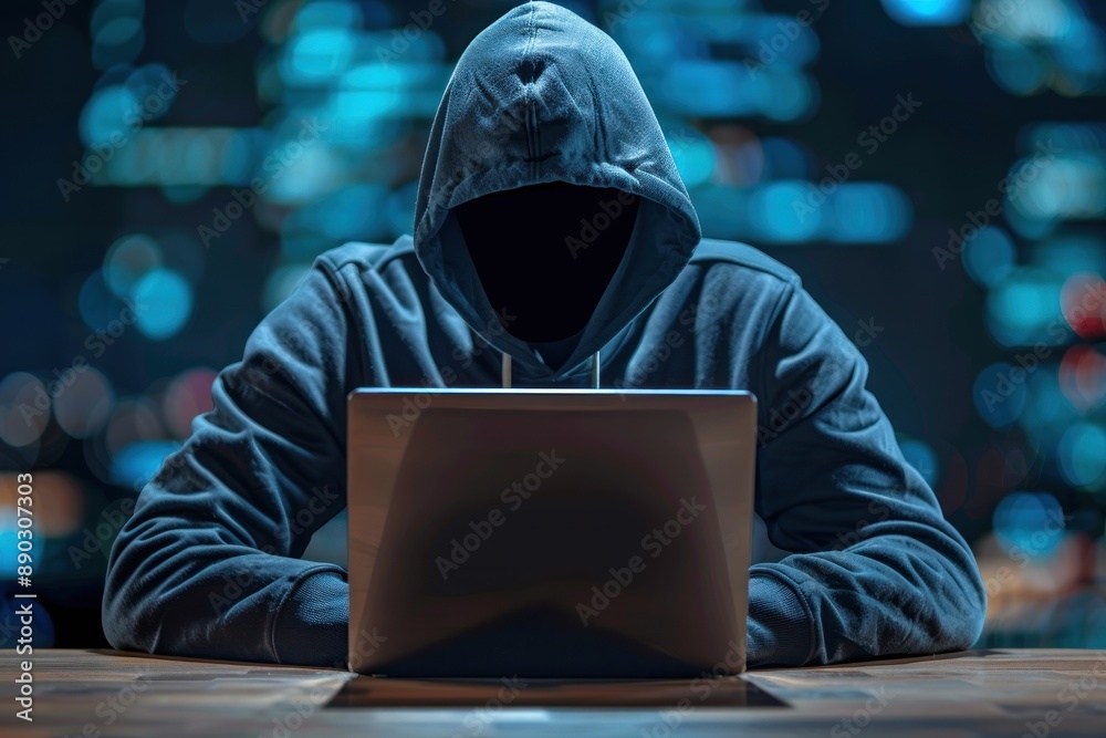 anonymous computer hacker wearing a dark hoodie, stealing data from a laptop. ai generative anonymous computer hacker wearing a dark hoodie, stealing data from a laptop. ai generative