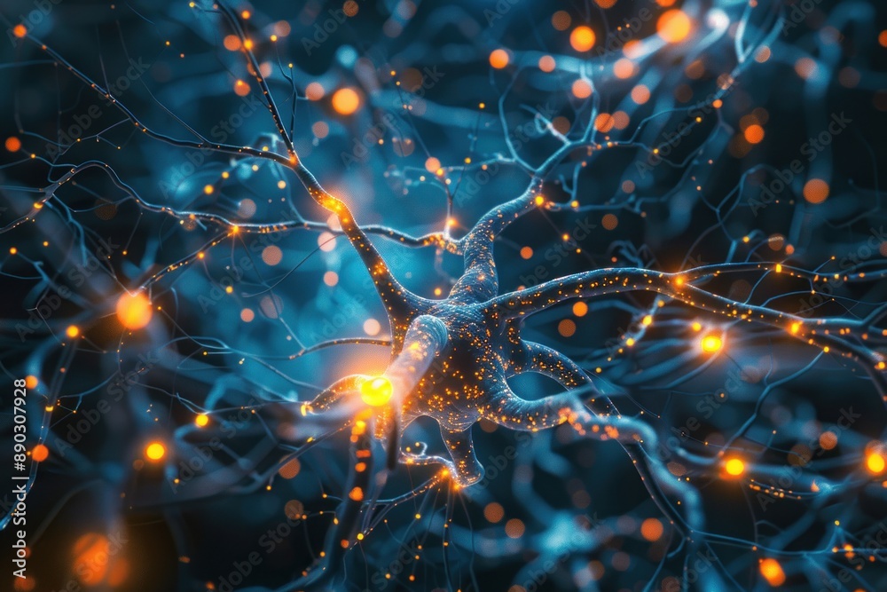 Neural network with glowing synapses, brain neurons transmitting electric impulses, neuroscience. ai generative Neural network with glowing synapses, brain neurons transmitting electric impulses, neuroscience. ai generative