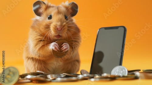 Hamster with a phone. Animal is playing a game on a smartphone. success and crypto exchange. coins and wealth