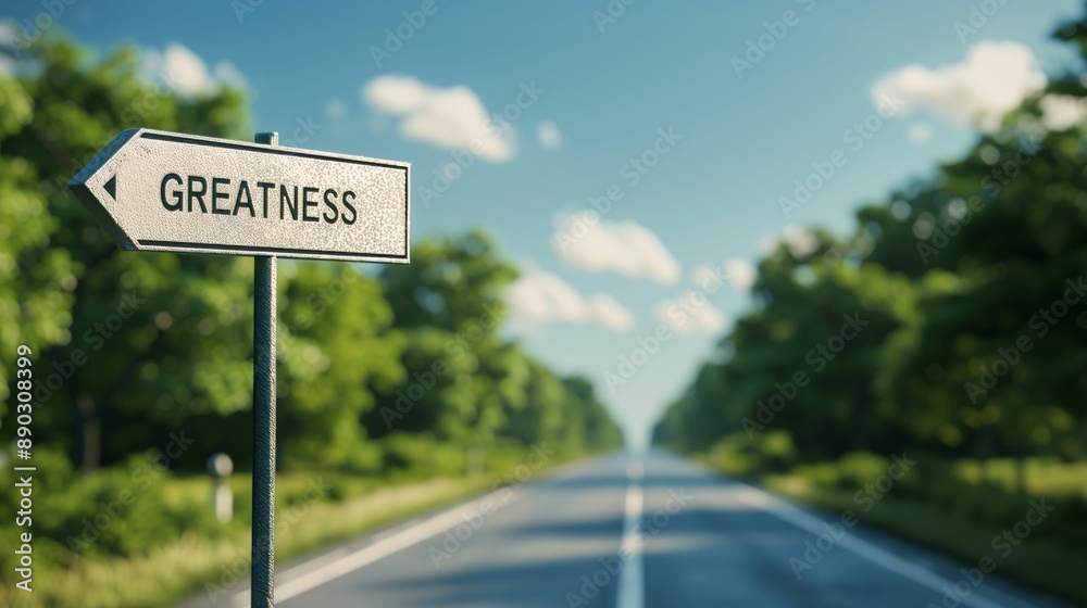 An AI illustartion of a road sign pointing towards greatness with a blurred road and greenery An AI illustartion of a road sign pointing towards greatness with a blurred road and greenery