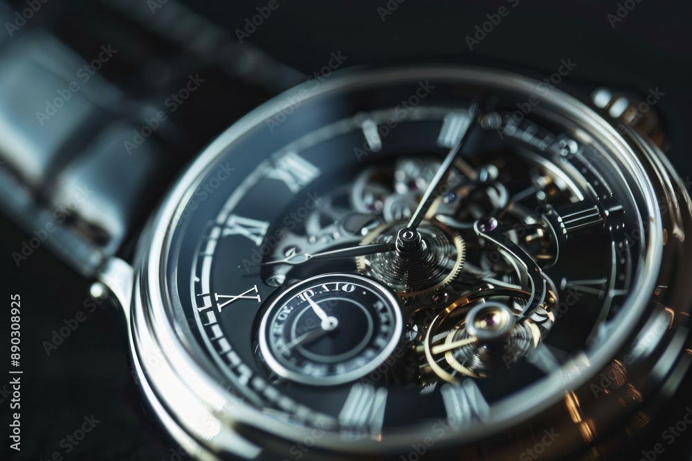 A detailed close-up of an elegant wristwatch, showcasing its intricate design and craftsmanship A detailed close-up of an elegant wristwatch, showcasing its intricate design and craftsmanship