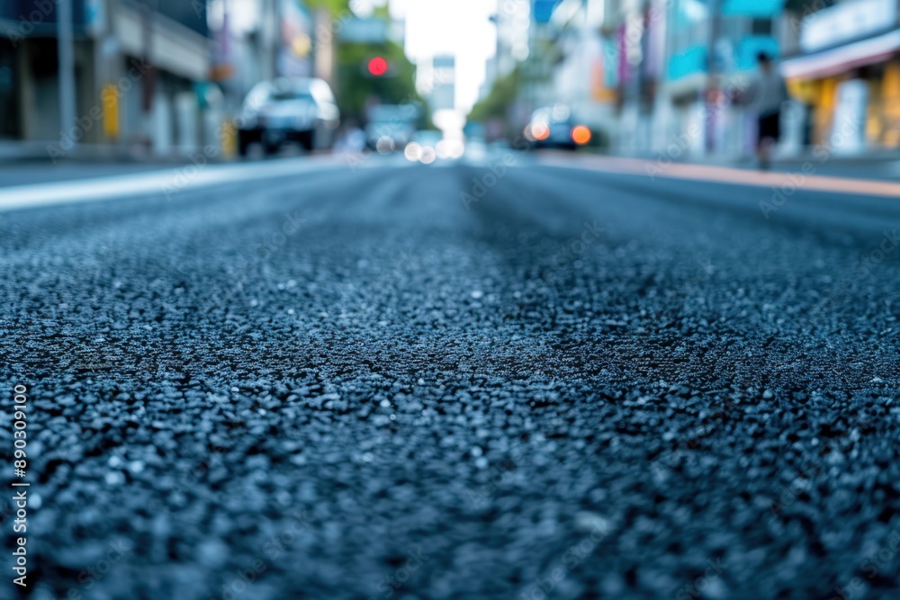 A freshly paved asphalt road, with smooth, black surface. The background shows a busy urban street A freshly paved asphalt road, with smooth, black surface. The background shows a busy urban street