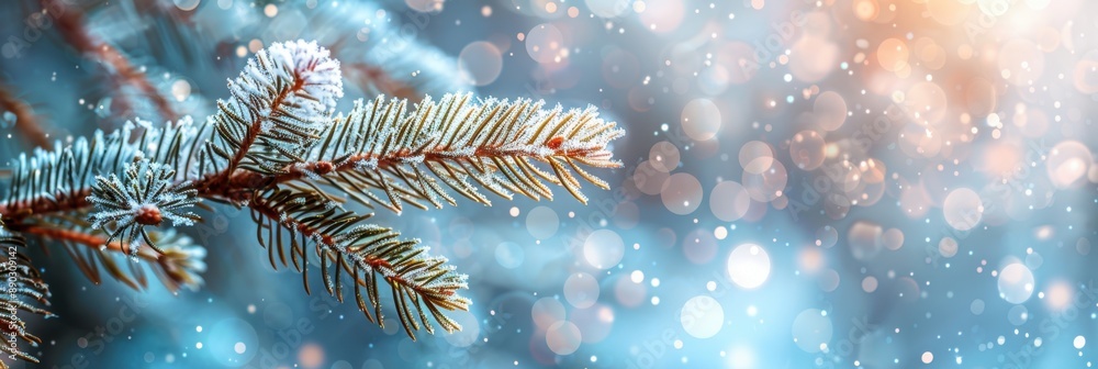 Frost-covered pine twig with bokeh background, capturing the essence of winter and the holiday season in a serene, festive setting. Frost-covered pine twig with bokeh background, capturing the essence of winter and the holiday season in a serene, festive setting.
