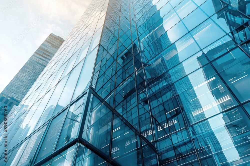 A modern glass facade of a skyscraper, reflecting the cityscape. The scene captures the transparency and elegance A modern glass facade of a skyscraper, reflecting the cityscape. The scene captures the transparency and elegance