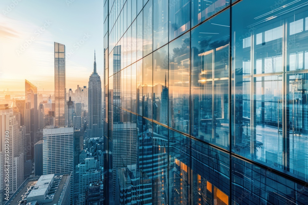 A modern glass facade of a skyscraper, reflecting the cityscape. The scene captures the transparency and elegance A modern glass facade of a skyscraper, reflecting the cityscape. The scene captures the transparency and elegance