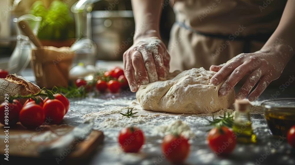 Chef Kneading Dough with Fresh Ingredients on Wooden Table Chef Kneading Dough with Fresh Ingredients on Wooden Table