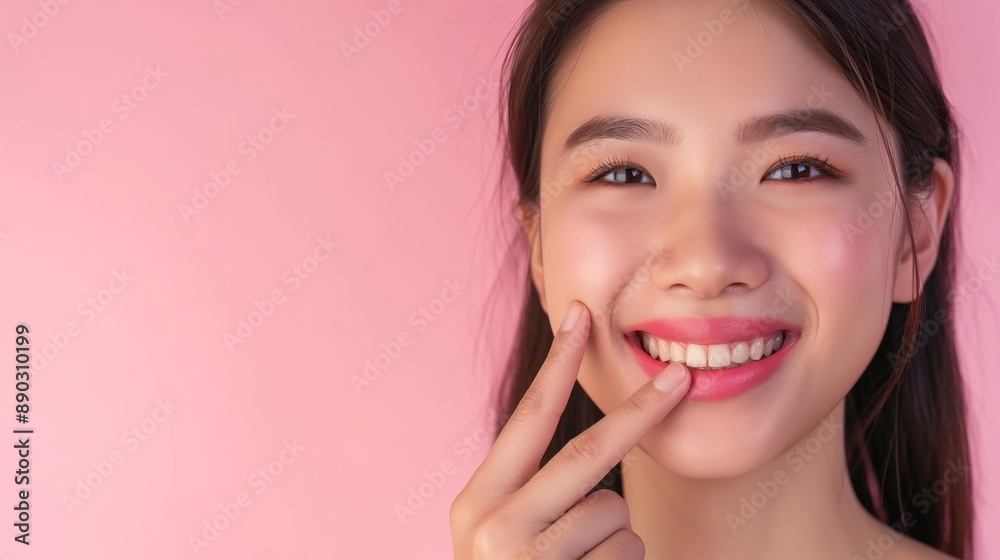 A woman with long hair is smiling and pointing her finger at her mouth. She has a pink lip gloss on and her teeth are visible