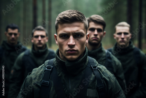 Modern soldiers fully equipped and facing the camera in military formation generative ai
