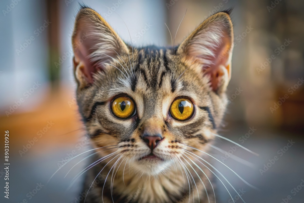Adorable small cat with bright yellow eyes and open mouth, looking shocked and worried, stares directly at camera with a priceless expression of surprise. Adorable small cat with bright yellow eyes and open mouth, looking shocked and worried, stares directly at camera with a priceless expression of surprise.