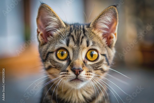 Adorable small cat with bright yellow eyes and open mouth, looking shocked and worried, stares directly at camera with a priceless expression of surprise.