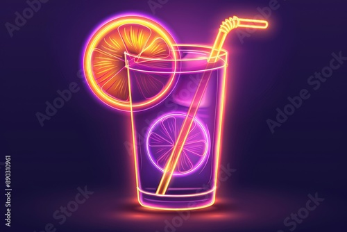 Neon lemonade with lemon slices and straw set against a dark background capturing a vibrant and refreshing beverage