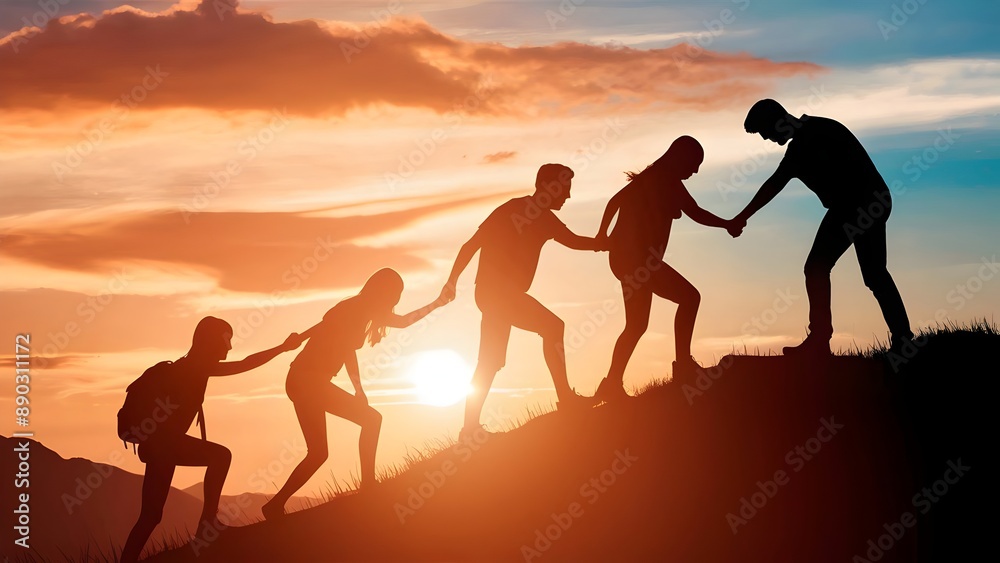 Silhouette of Friends Helping Each Other Climb a Hill - Celebrating Teamwork, Friendship, Support, and Motivation. Happy Friendship Day Silhouette of Friends Helping Each Other Climb a Hill - Celebrating Teamwork, Friendship, Support, and Motivation. Happy Friendship Day