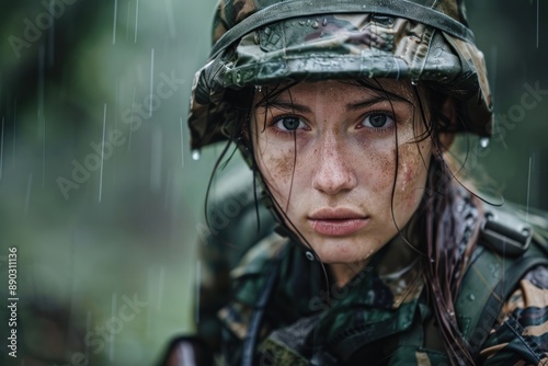Portrait of woman soldier under the rain