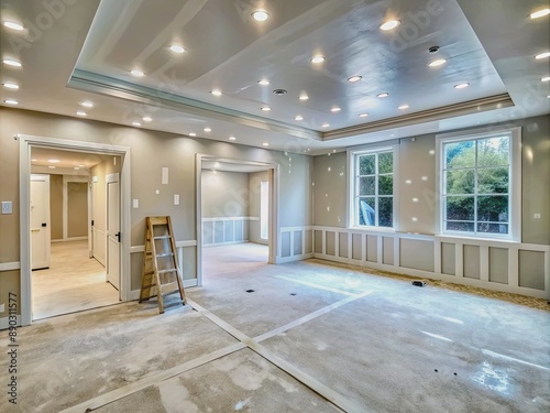 Renovation and modernization with drywall plaster in a walk-through room, copy space for individual text photo