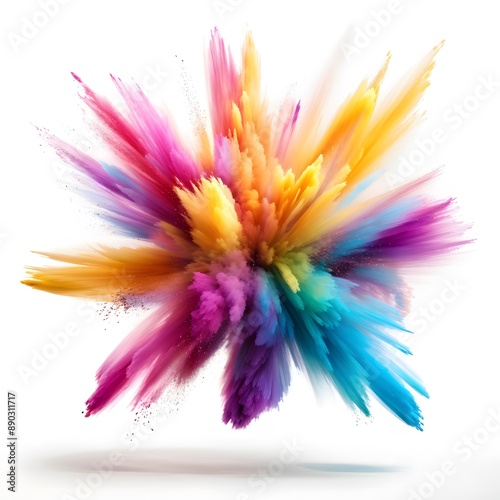 Abstract multicolored powder explosion on a white background.