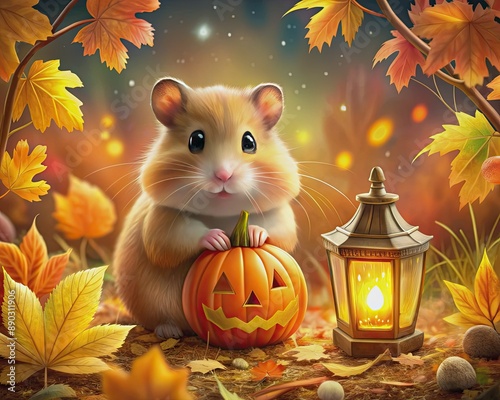 Adorable hamster holds glowing pumpkin lantern, surrounded by autumn leaves and vibrant Halloween decorations, in a whimsical and festive 3D vector illustration. photo