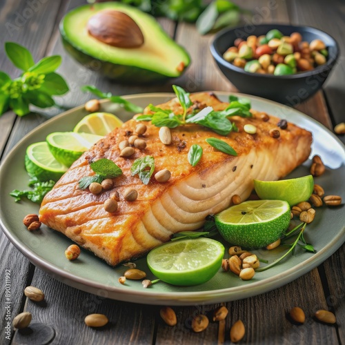 Fresh avocados and nuts surround a plate of grilled salmon and olive oil, highlighting healthy fat sources for a balanced ketogenic diet regimen.
