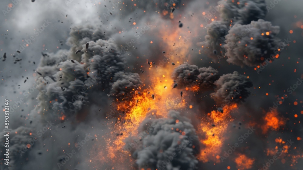 Fire explosion particles flying with black or grey dark smog cloud smoke. Dust texture spray splash, ash burst motion effect wallpaper Fire explosion particles flying with black or grey dark smog cloud smoke. Dust texture spray splash, ash burst motion effect wallpaper