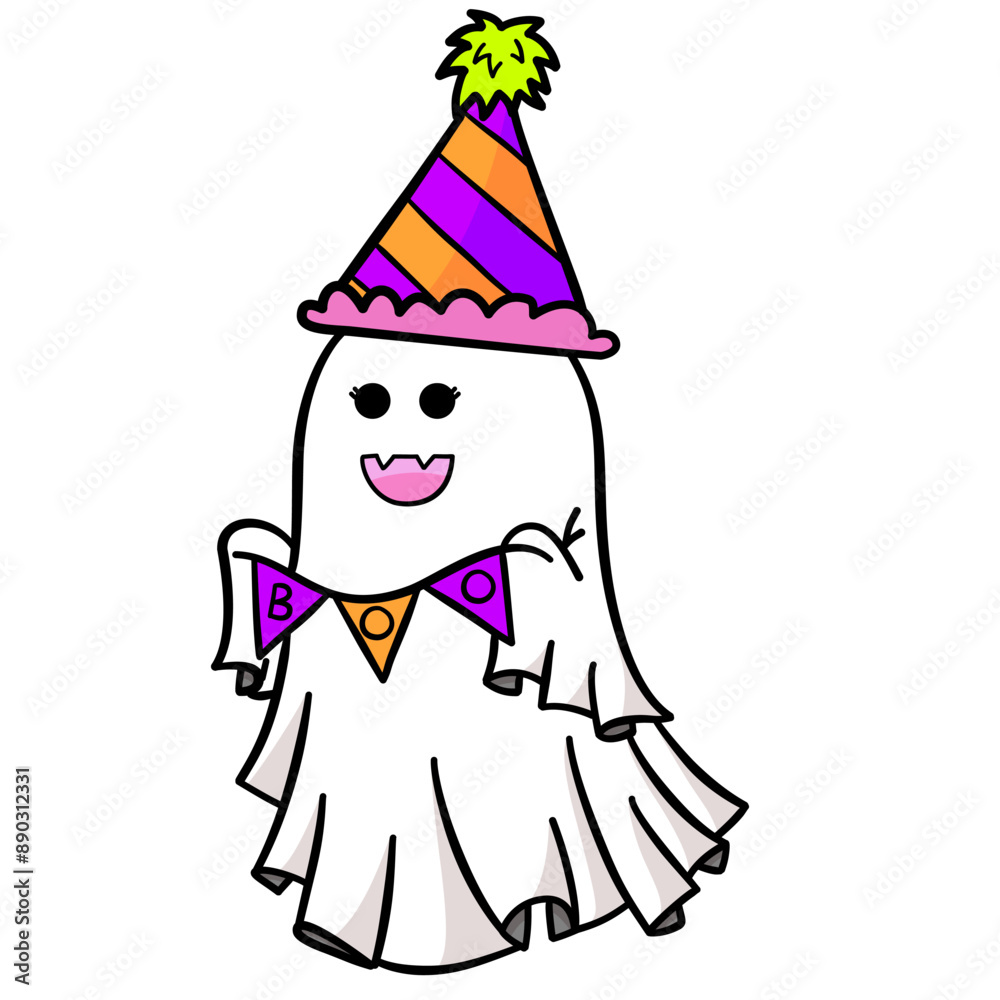 Cute cartoon ghost with Halloween bunting for Halloween party Cute cartoon ghost with Halloween bunting for Halloween party