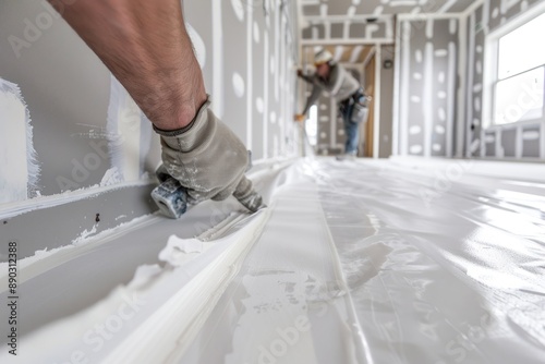 Sheets of drywall being installed in a new home, with a worker taping and mudding the seams photo