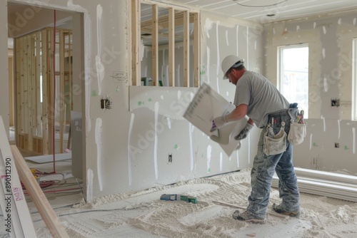 Sheets of drywall being installed in a new home, with a worker taping and mudding the seams photo