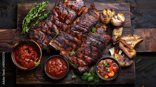 Wallpaper Mural Delicious Grilled Meat with Sides on Wooden Surface Torontodigital.ca