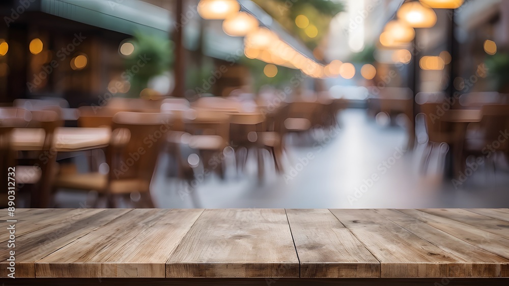 The wood table top on a blurred interior background The wood table top on a blurred interior background