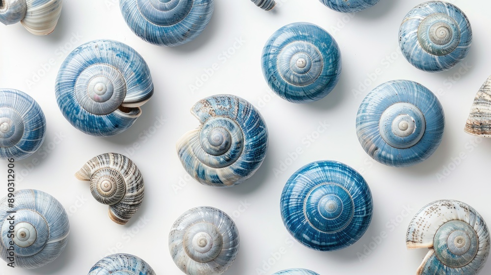 Decorative blue snail shells on white backdrop Decorative blue snail shells on white backdrop