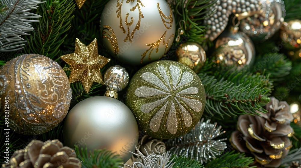 Decorated evergreen with silver and gold ornaments