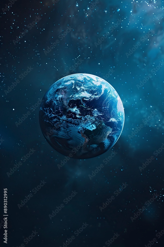 Obraz premium minimalistic logo saying , blue background, earth in background, Hyper-realistic photography, realistic light and shadow, luminous effects, 3D, ue5, Unreal Engine, generative ai