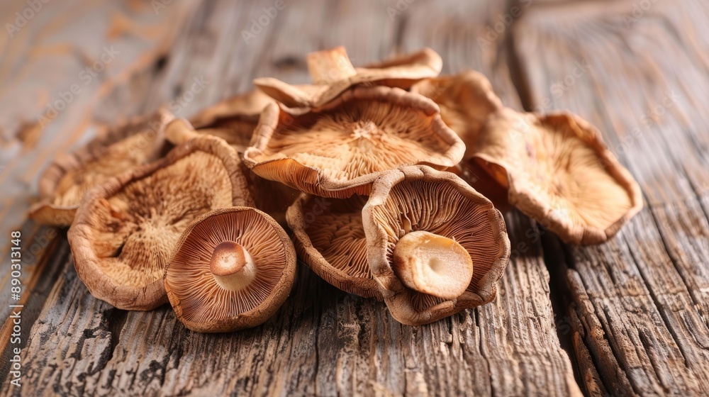 Dehydrated shiitake mushrooms on aged wooden surface Dehydrated shiitake mushrooms on aged wooden surface