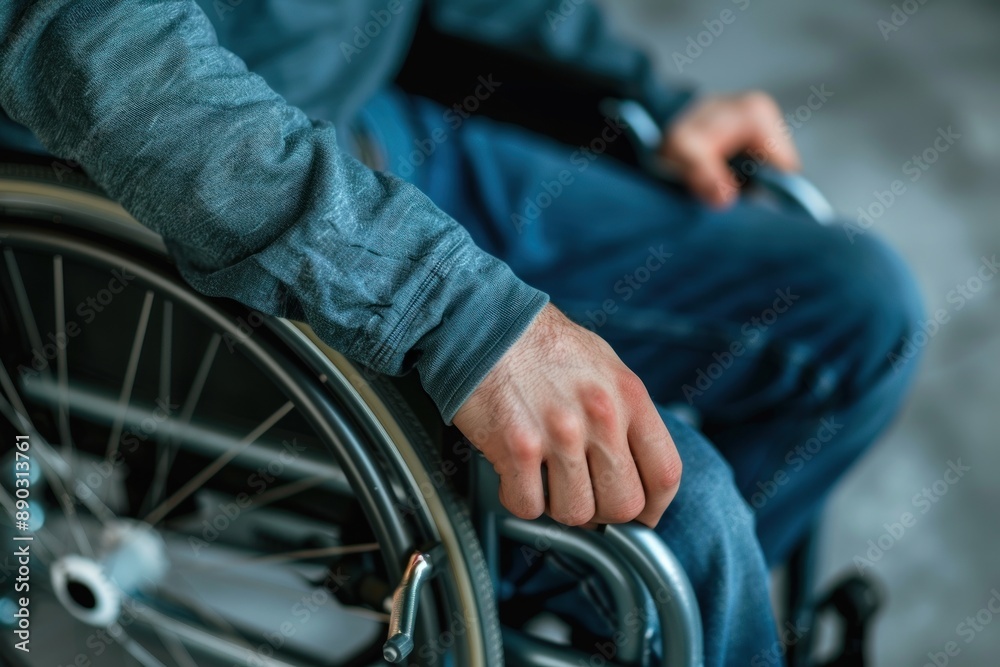 close-up of the hand of man pushing wheelchair. Selective focus on the male hand holding the wheelchair wheel close-up of the hand of man pushing wheelchair. Selective focus on the male hand holding the wheelchair wheel